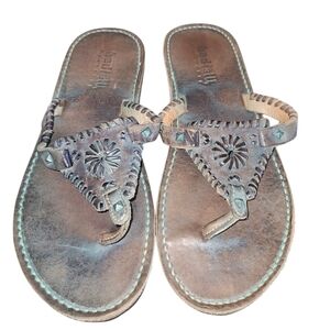 BED|STU Distressed Green & Brown Leather  Sandals Size 9